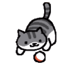 An animated gif of a cartoon grey and white tabby cat from Neko Atsume playing with a ball.