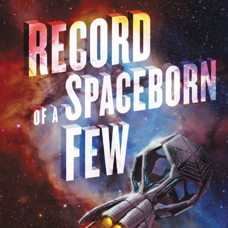 The word 'media' over the book cover for 'Record of a Spaceborn Few' by Becky Chambers, with the book title set against a space background with a large generation spaceship.